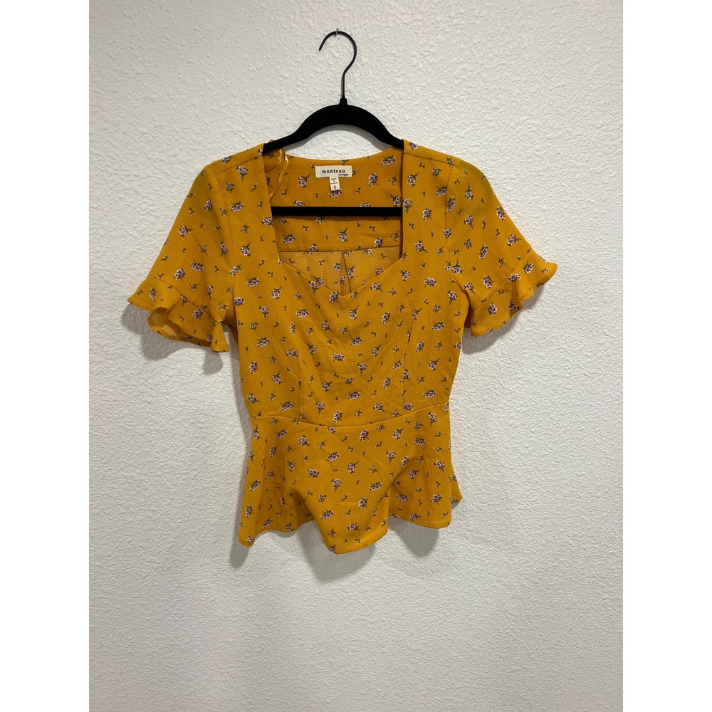 Monteau Los Angeles Mustard Yellow Floral Peplum Top Sweetheart Neck Small